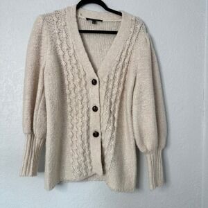 TOCCIN NY  Neutral Chunky Knit Cardigan‎ | Puff Sleeve Cozy Fall Sweater size Sm